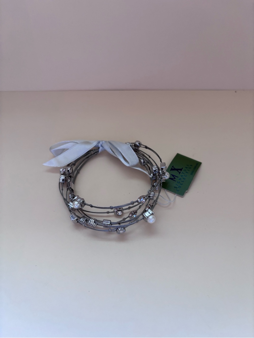 Silver Multi-Strand Crystal & Ribbon Bracelet - White Ribbon Accent
